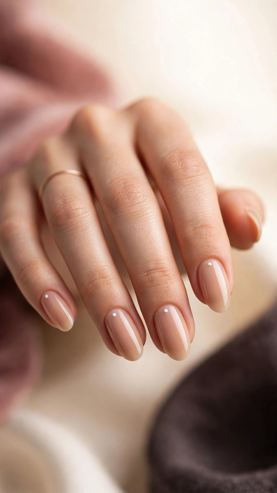 Nude nails with a tiny white dot accent near the cuticle