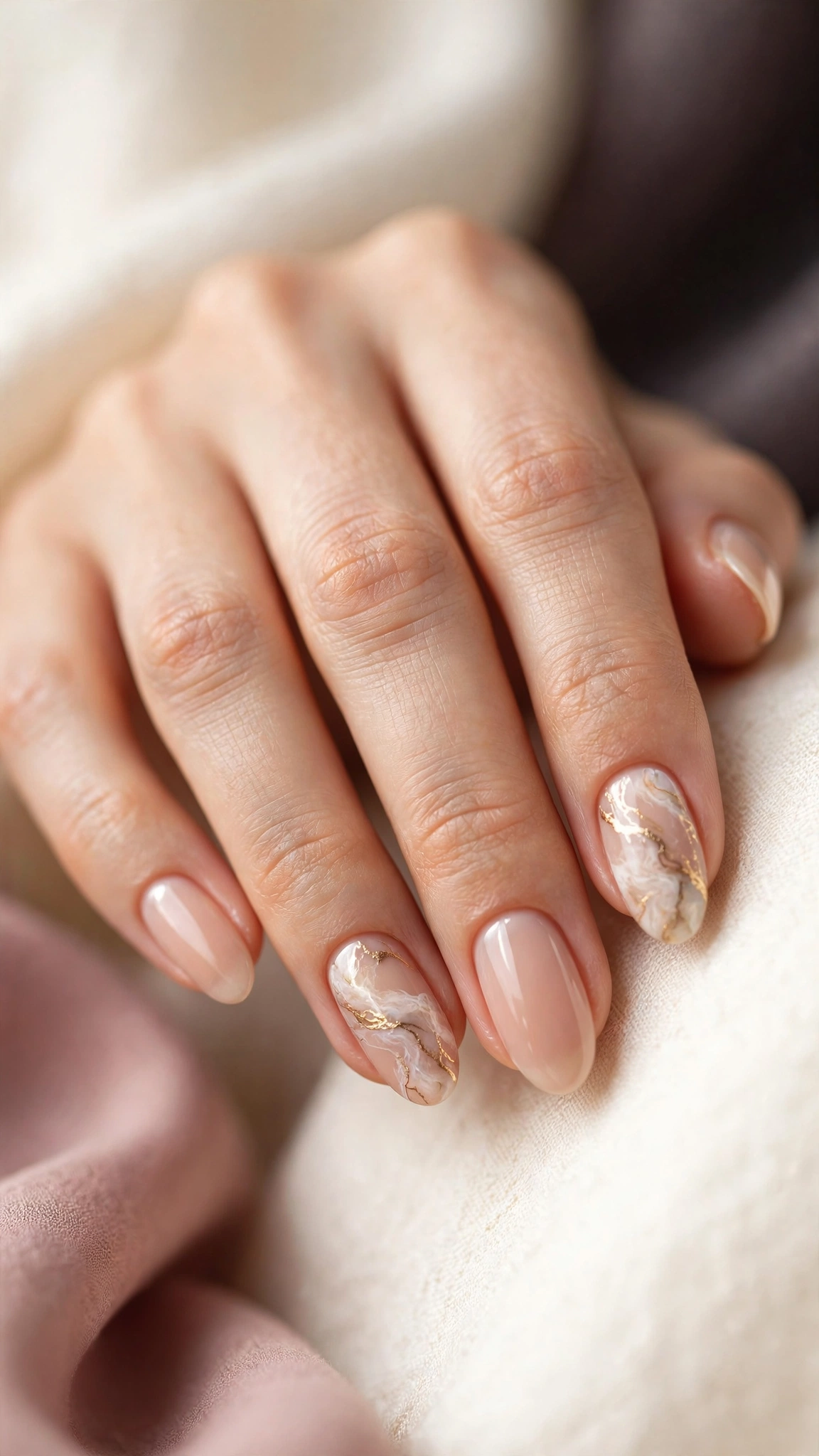Nude nails with white and gold marble veining on accent nails