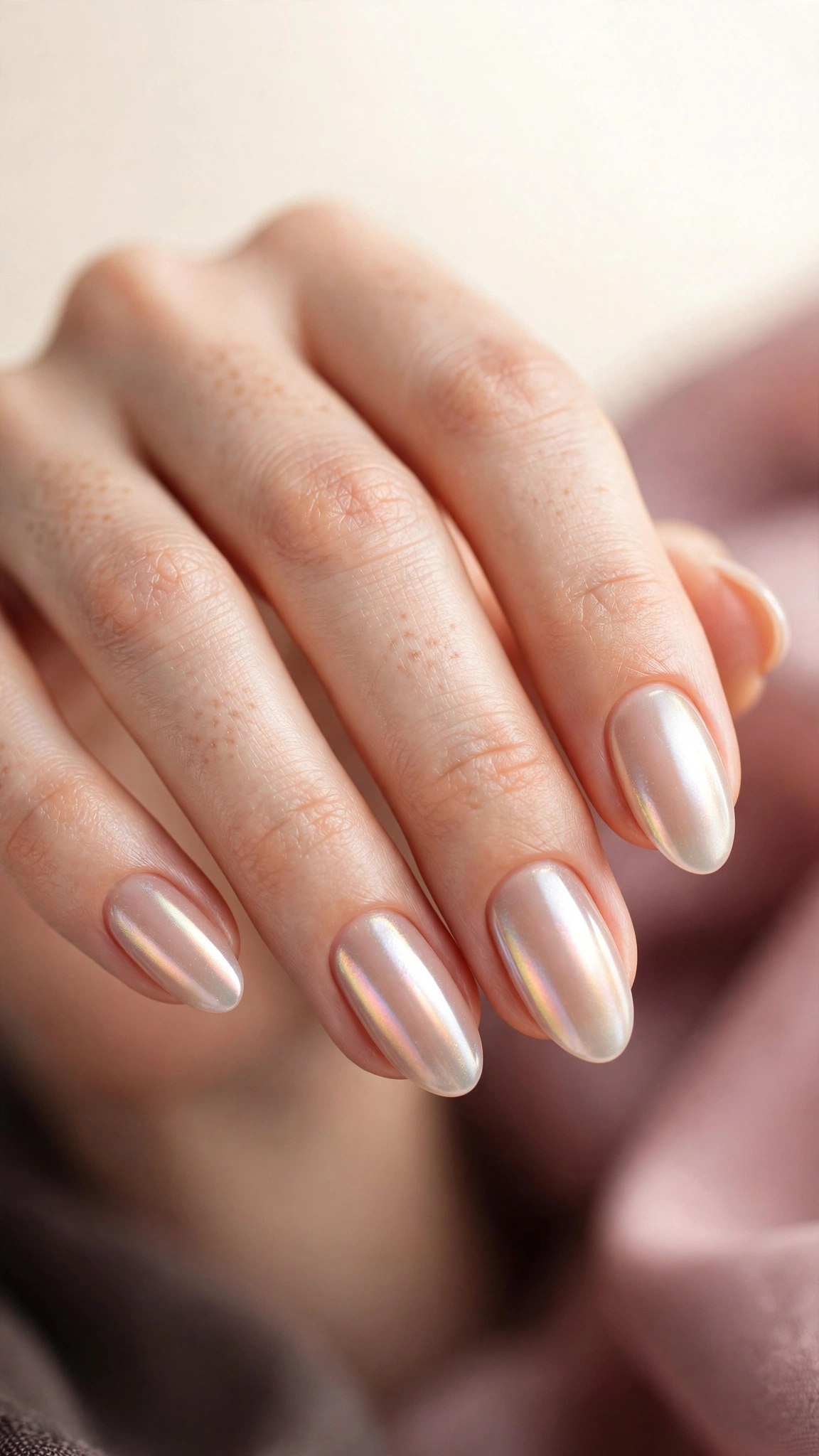 Glazed nude nails with a pearl chrome finish over a nude base
