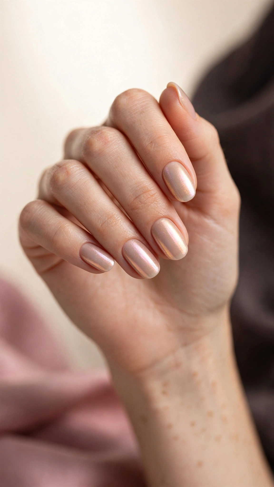 Pearl finish nude nails with a soft iridescent sheen