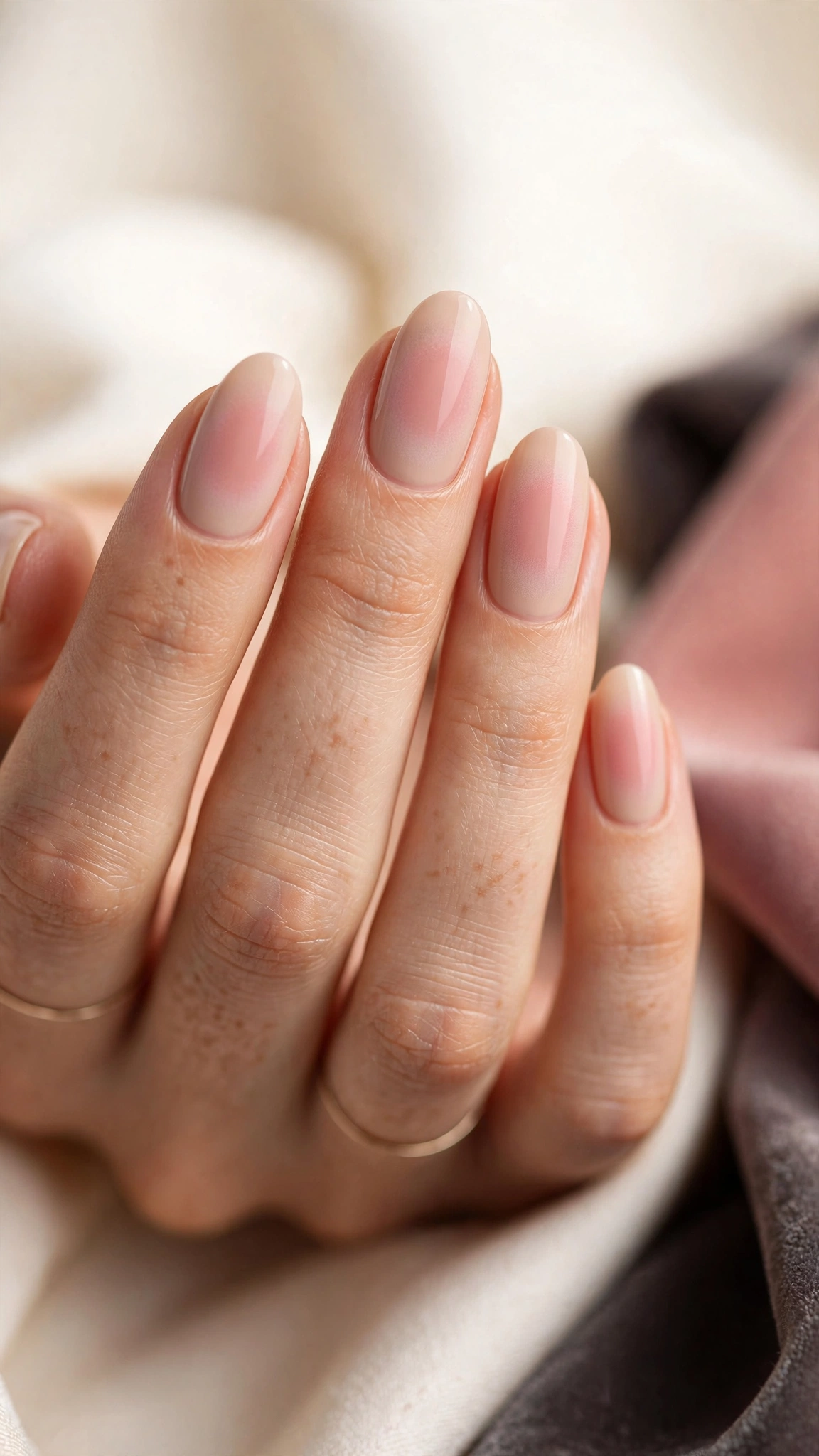 Nude nails with a soft blush pink aura gradient in the center