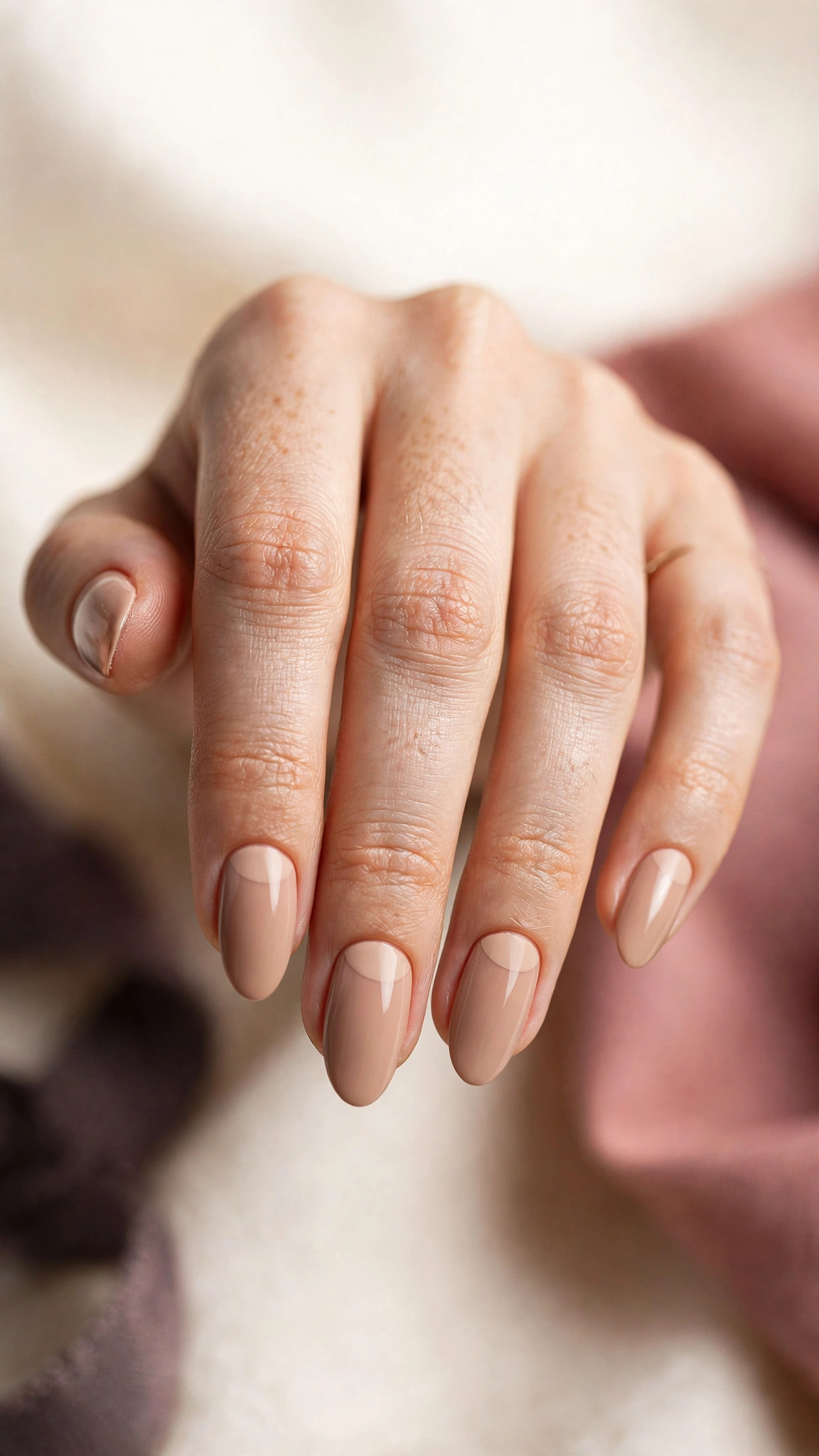Nude nails with a bare half-moon left at the cuticle