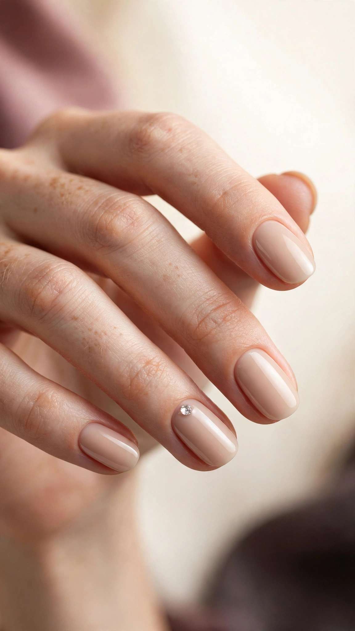 Nude nails with a single small rhinestone accent at the cuticle