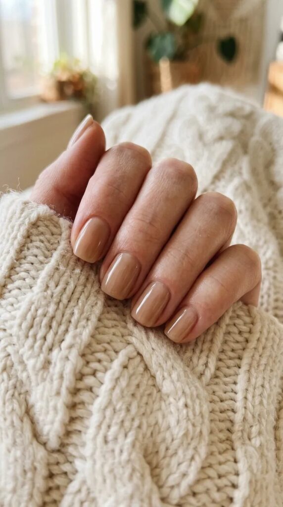 October Nails – sheer milky latte beige short nails on a cream cable-knit sweater