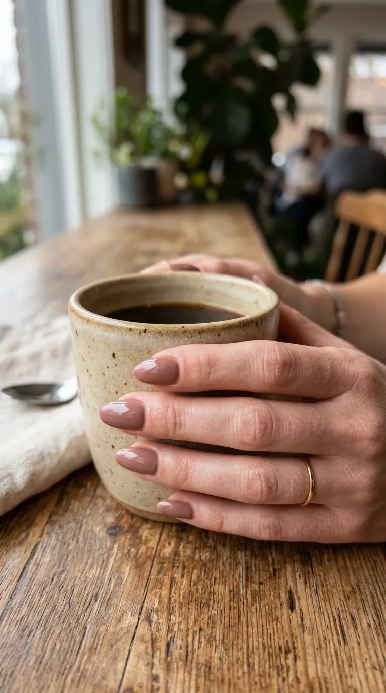 October Nails &ndash; creamy mocha mousse nails on a hand holding a speckled ceramic mug