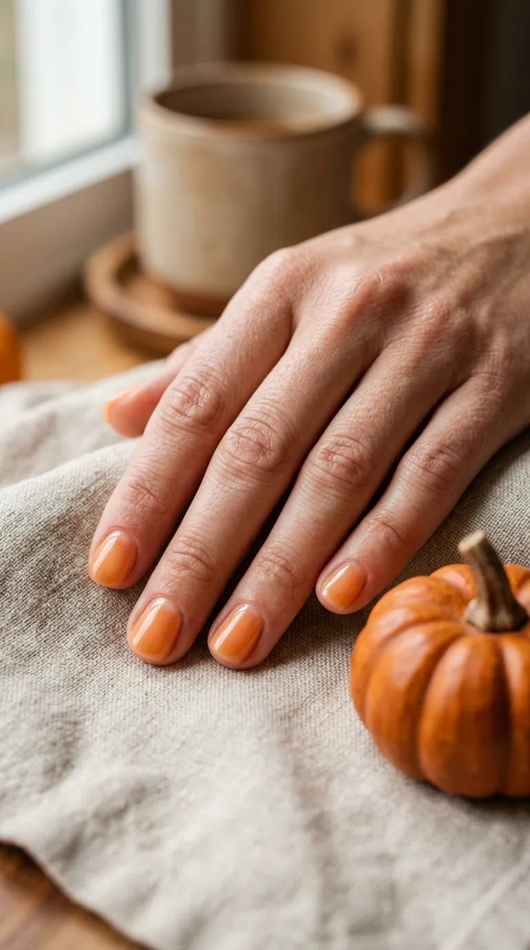 October Nails &ndash; sheer pumpkin spice orange wash on short nails beside a small pumpkin