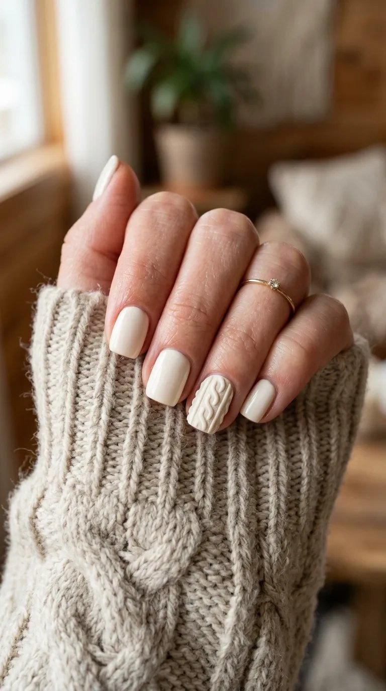 Cream nails with a raised cable-knit gel accent on the ring finger over a chunky knit sleeve