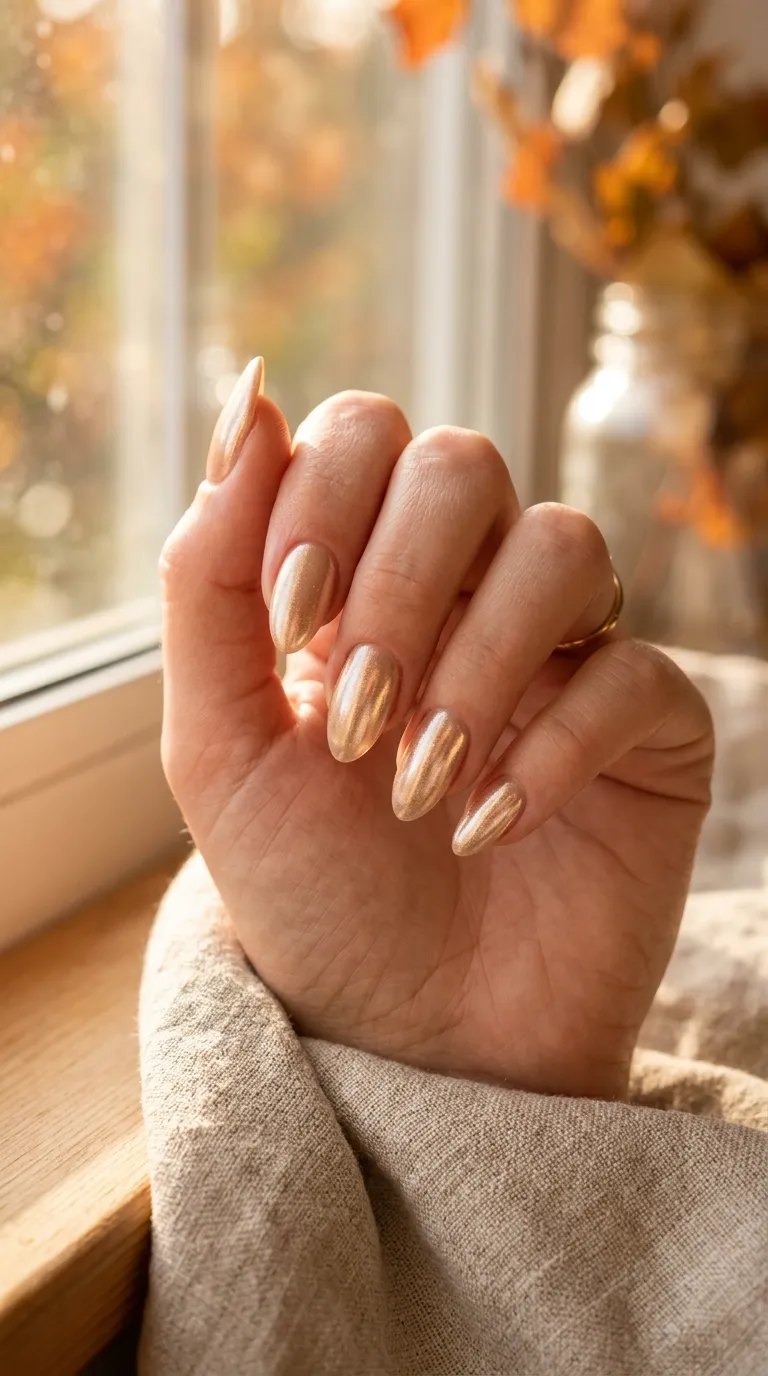 Champagne gold chrome almond nails in warm golden-hour window light