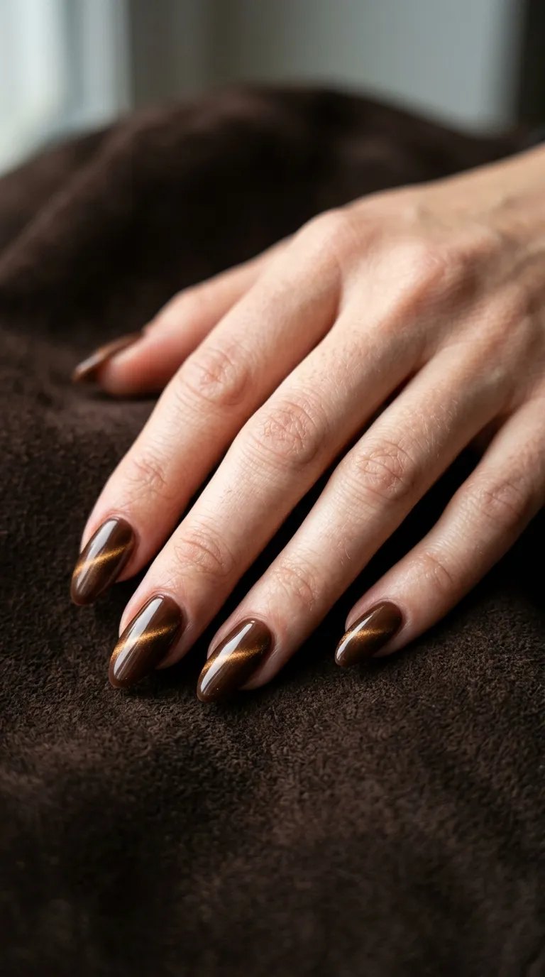 Chocolate brown cat-eye almond nails with a thin bright line on dark brown suede
