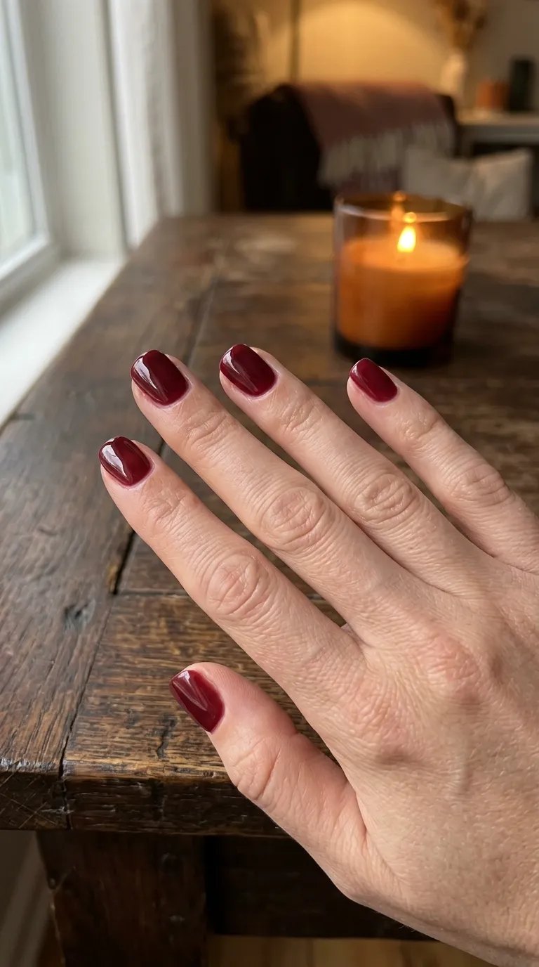 Translucent burgundy jelly nails on a dark wooden table with a lit candle