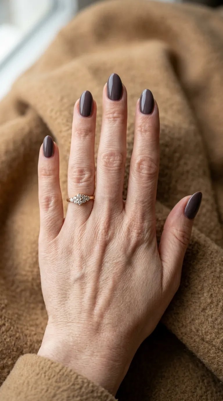 Smoky grey-plum almond nails on a hand resting on a camel wool coat