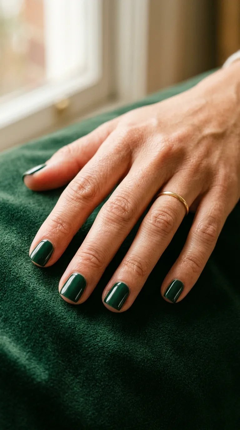 Deep forest green glossy nails with a thin gold ring on green velvet
