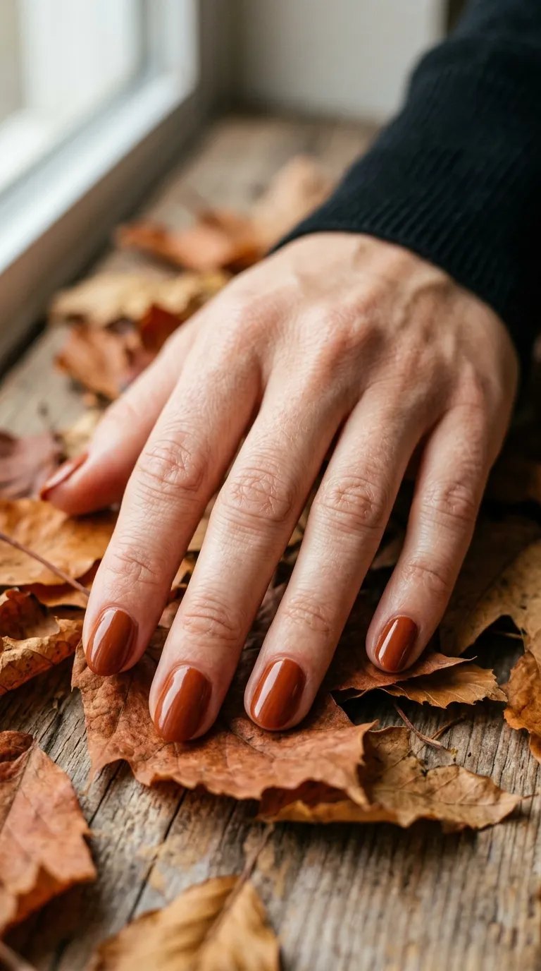 Glossy rust brown-orange nails resting on dried autumn leaves