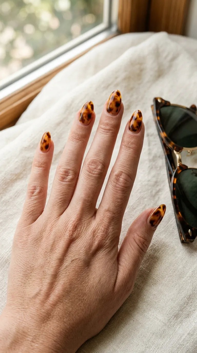 Amber and brown tortoiseshell almond nails beside tortoiseshell sunglasses