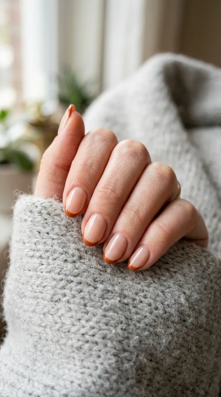 Sheer nude short nails with a thin burnt-orange French tip on a grey wool sweater