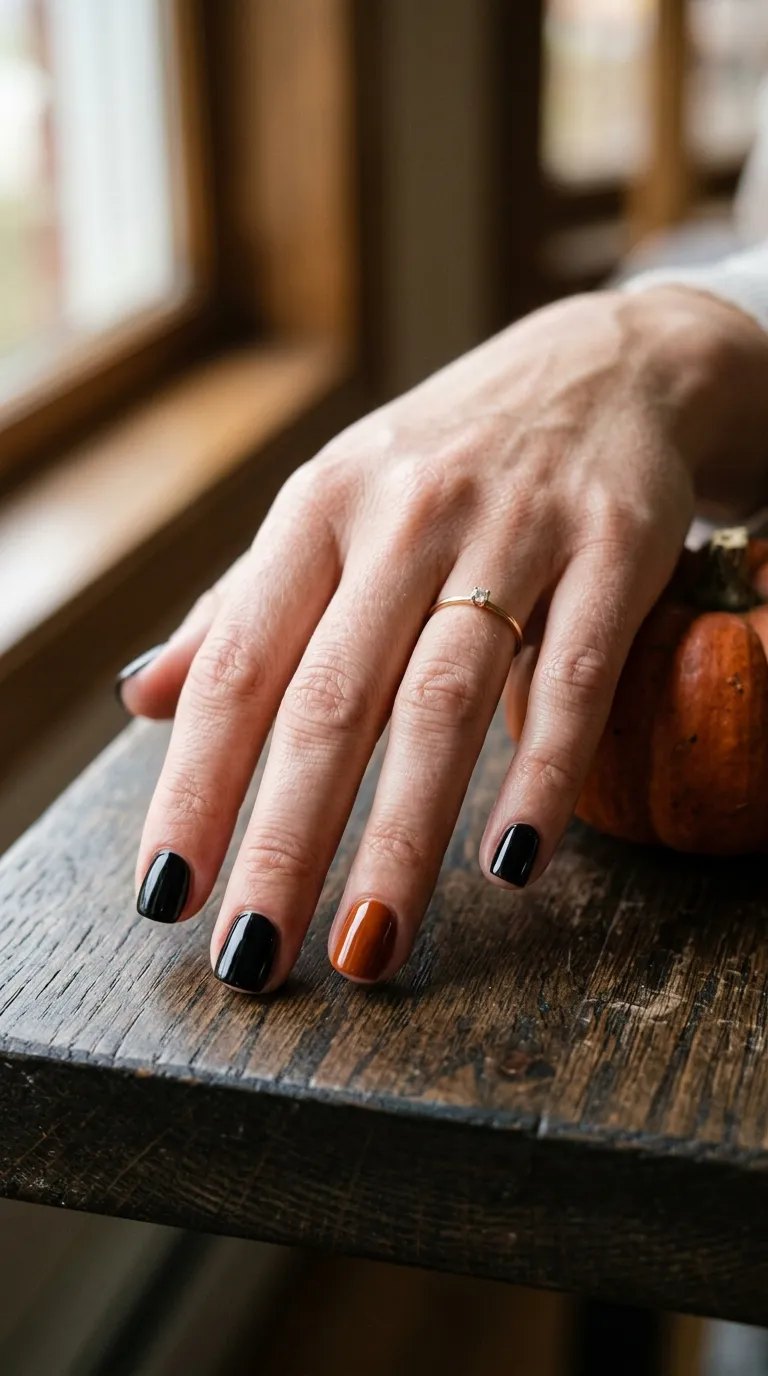 Black nails with one burnt orange accent nail beside a small pumpkin on a wooden table
