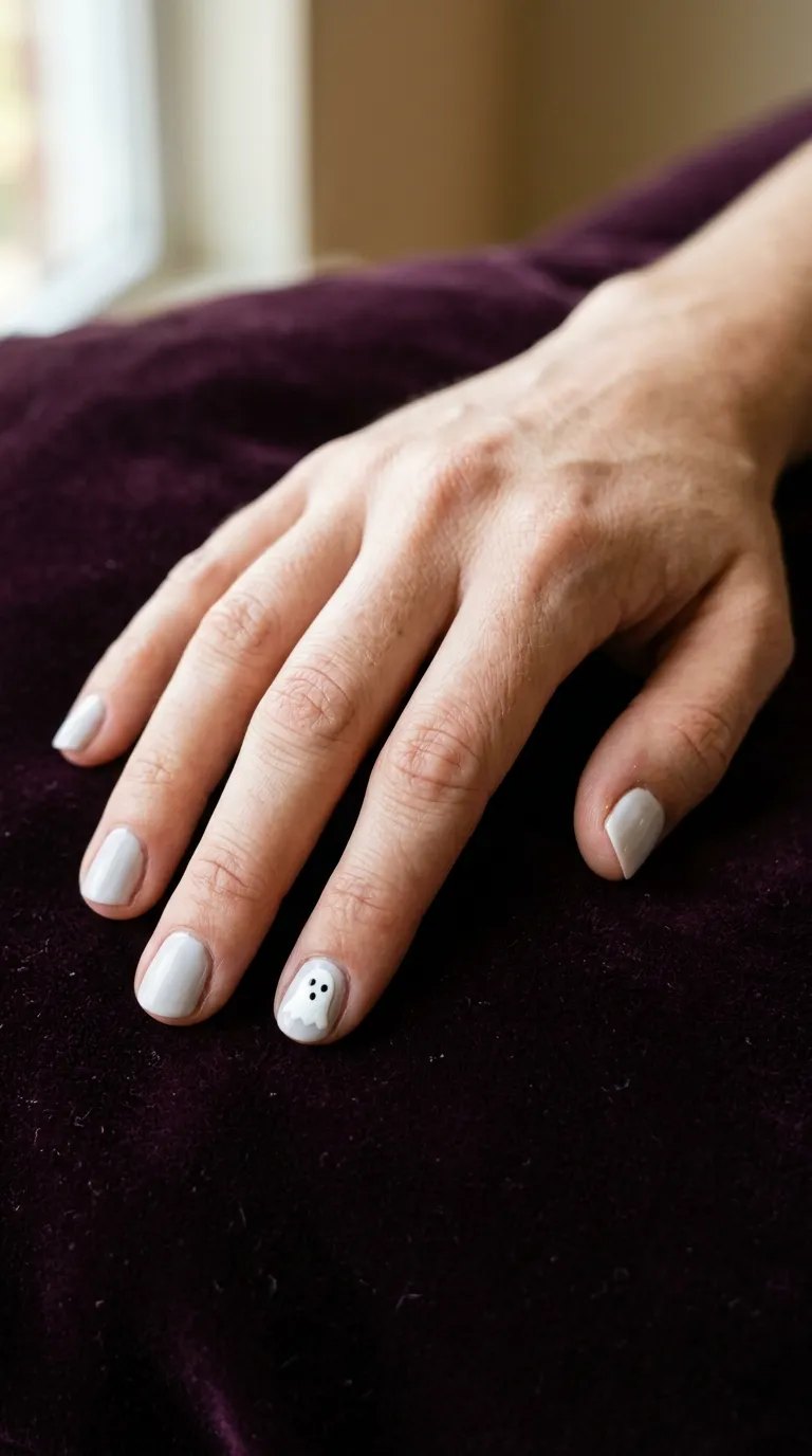 Pale nails with a tiny white ghost accent on the ring finger over plum velvet