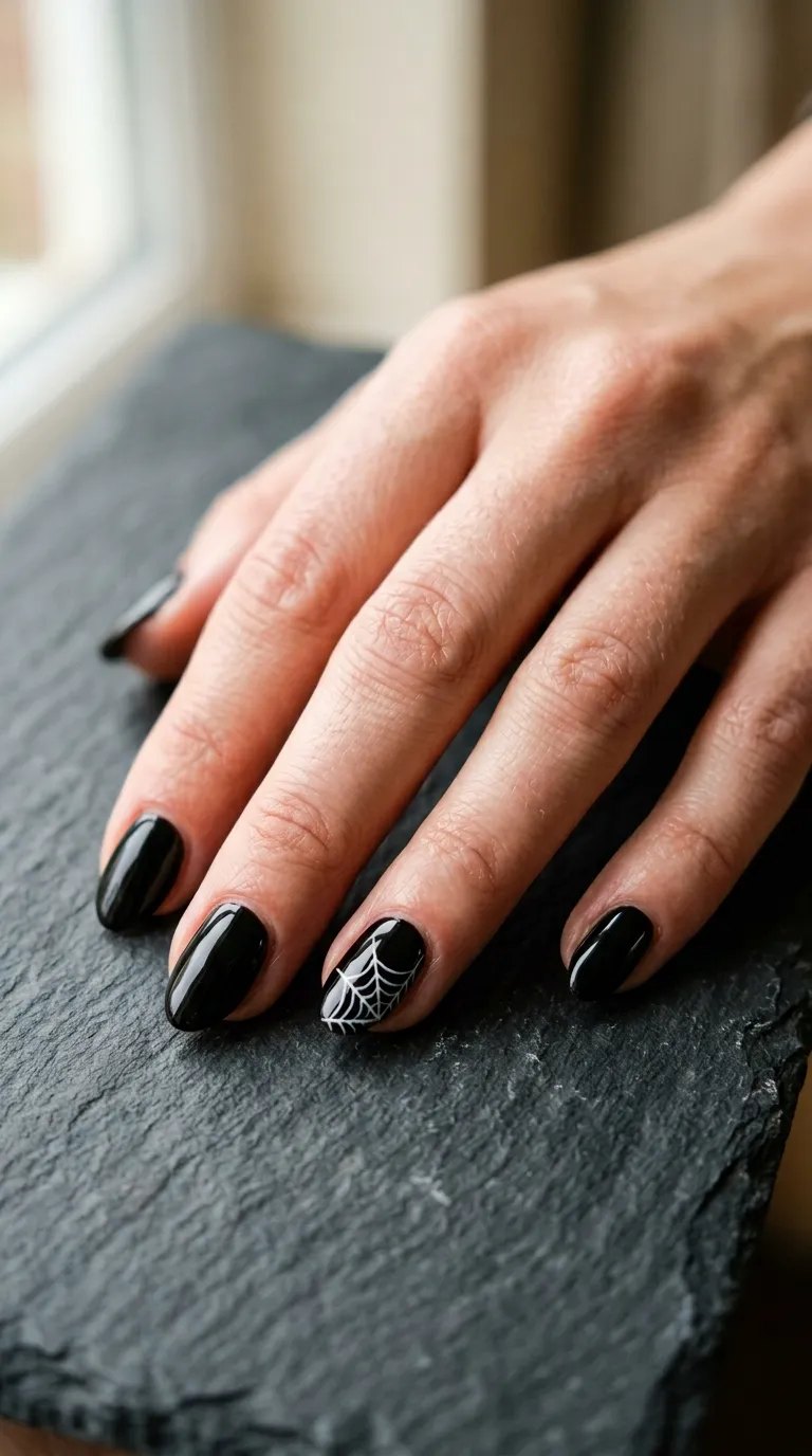 Glossy black nails with a single white spiderweb accent on dark slate