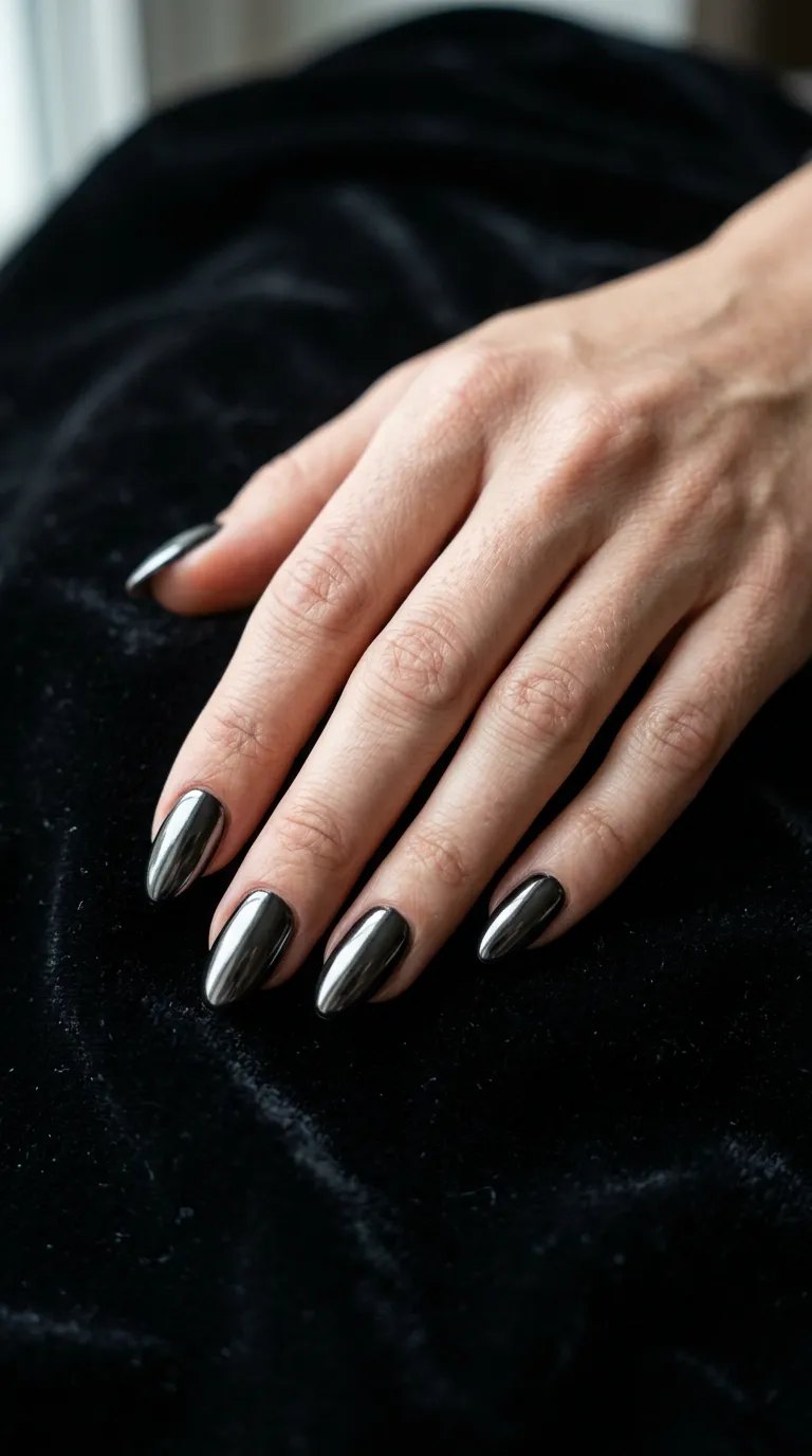 Black chrome mirror almond nails on black velvet