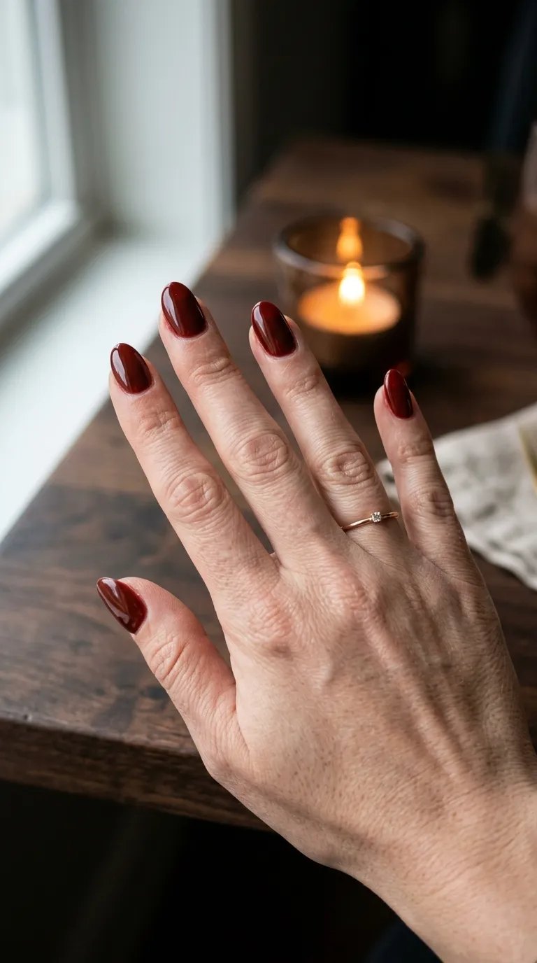 Deep blood red glossy nails on a dark wooden table beside a candle