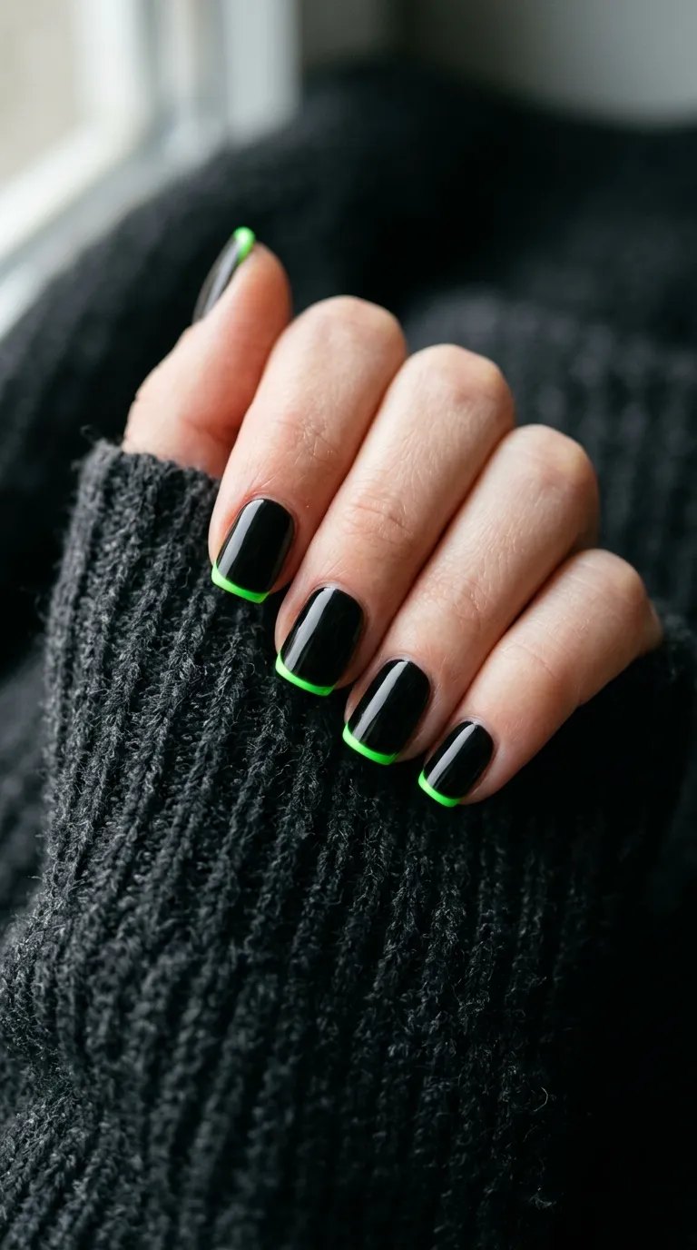 Black nails with thin neon green tips on a charcoal knit sleeve
