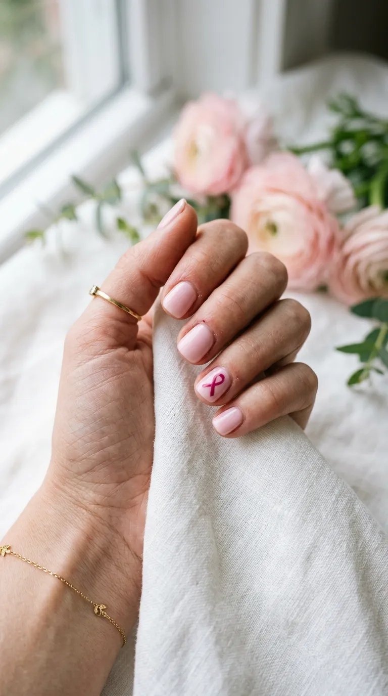 Soft pink nails with one darker pink ribbon accent nail beside spring flowers on white linen