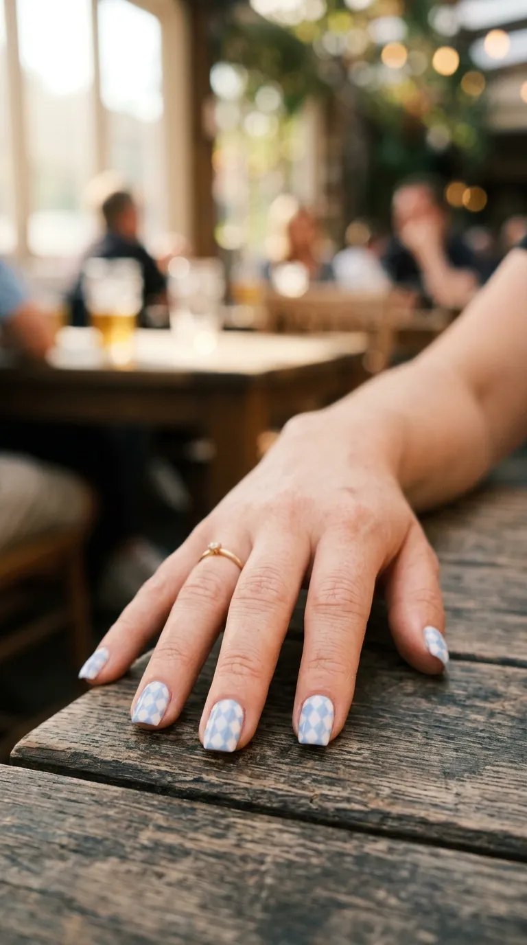 Pale blue and white diamond check nails on a rustic wooden table