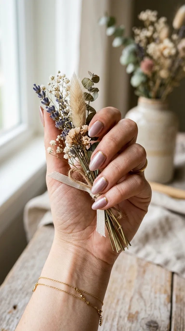 Soft mauve nails with a thin gold cuticle line holding a dried flower bouquet