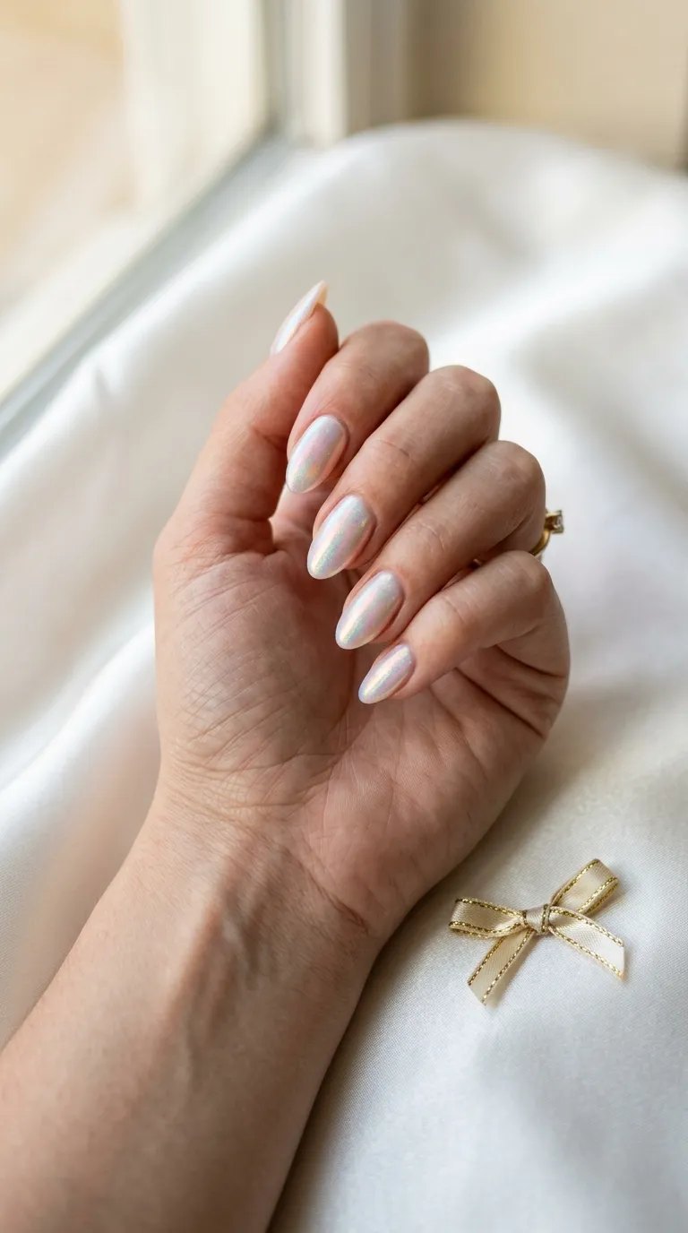 Iridescent milky opal shimmer almond nails on white satin beside a tiny gold bow