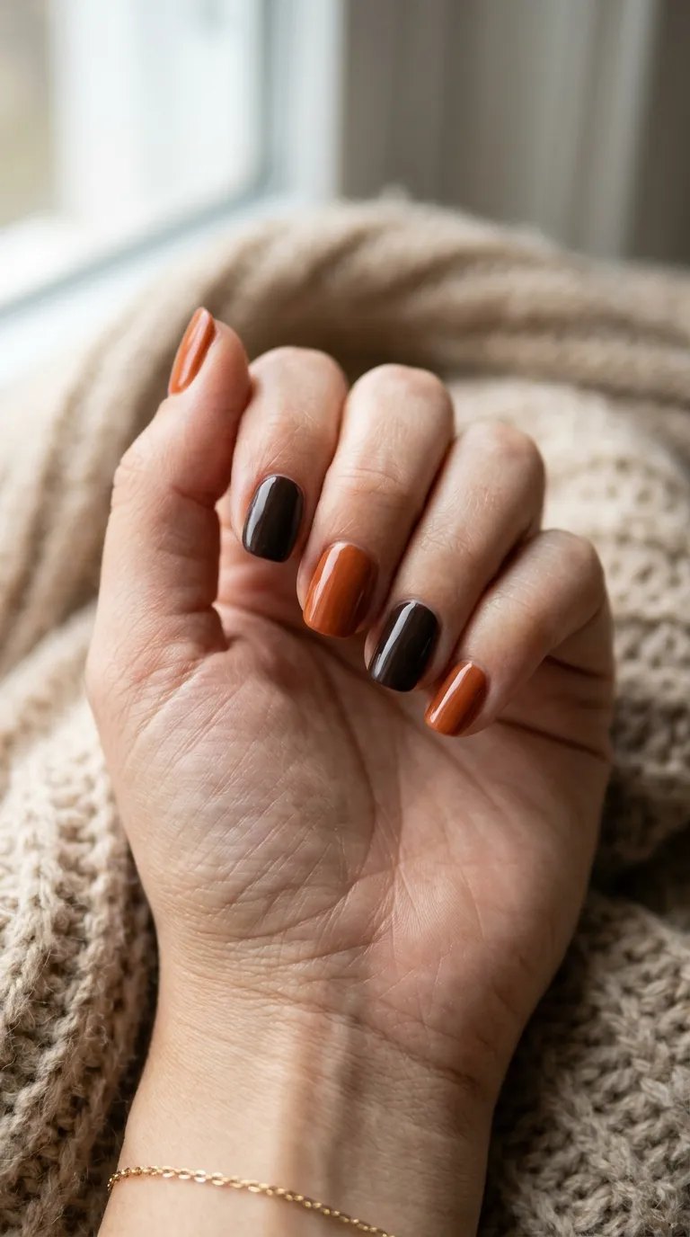 Orange and Brown Nails &ndash; burnt orange and espresso brown alternating nails on a beige knit