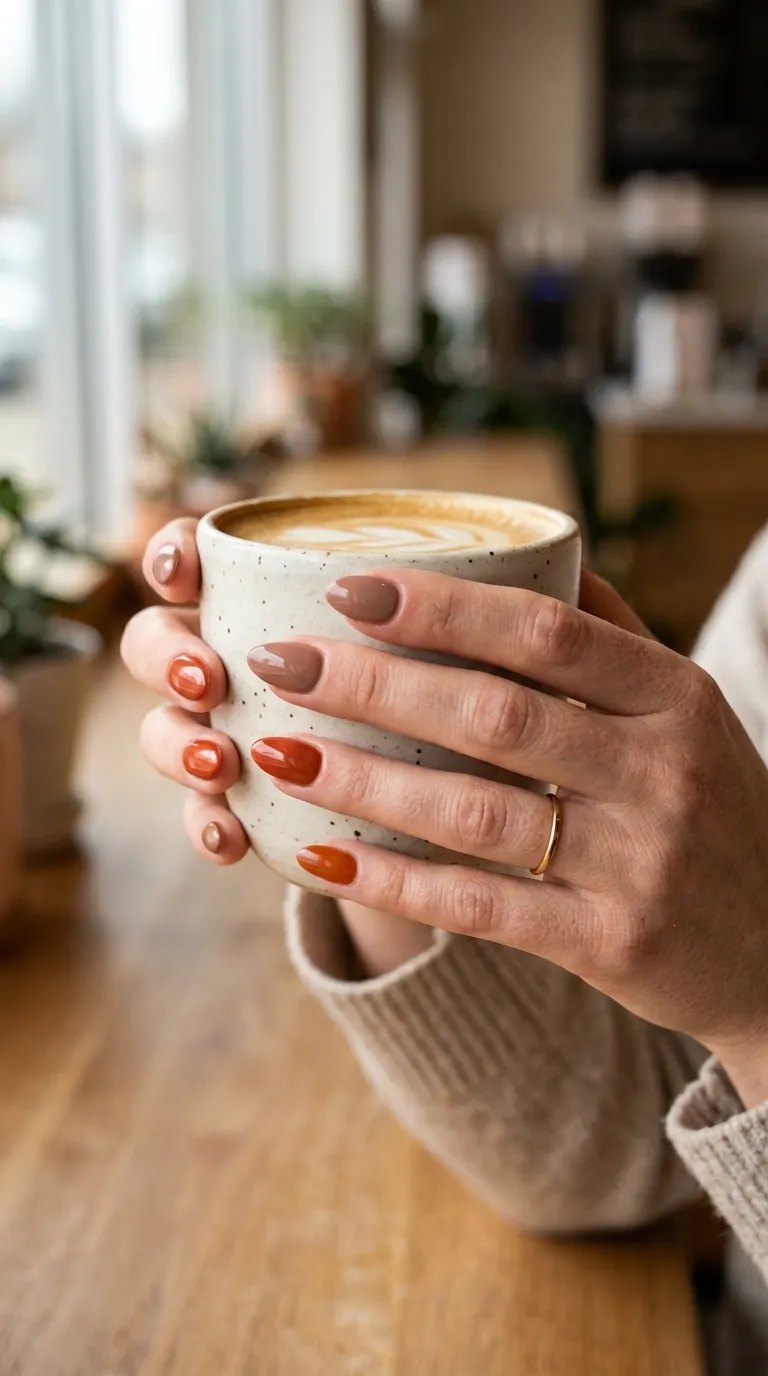 Orange and Brown Nails &ndash; rust orange and latte brown nails on a hand holding a latte cup