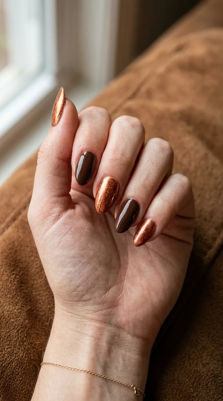 Orange and Brown Nails &ndash; copper foil and dark chocolate brown nails on brown suede