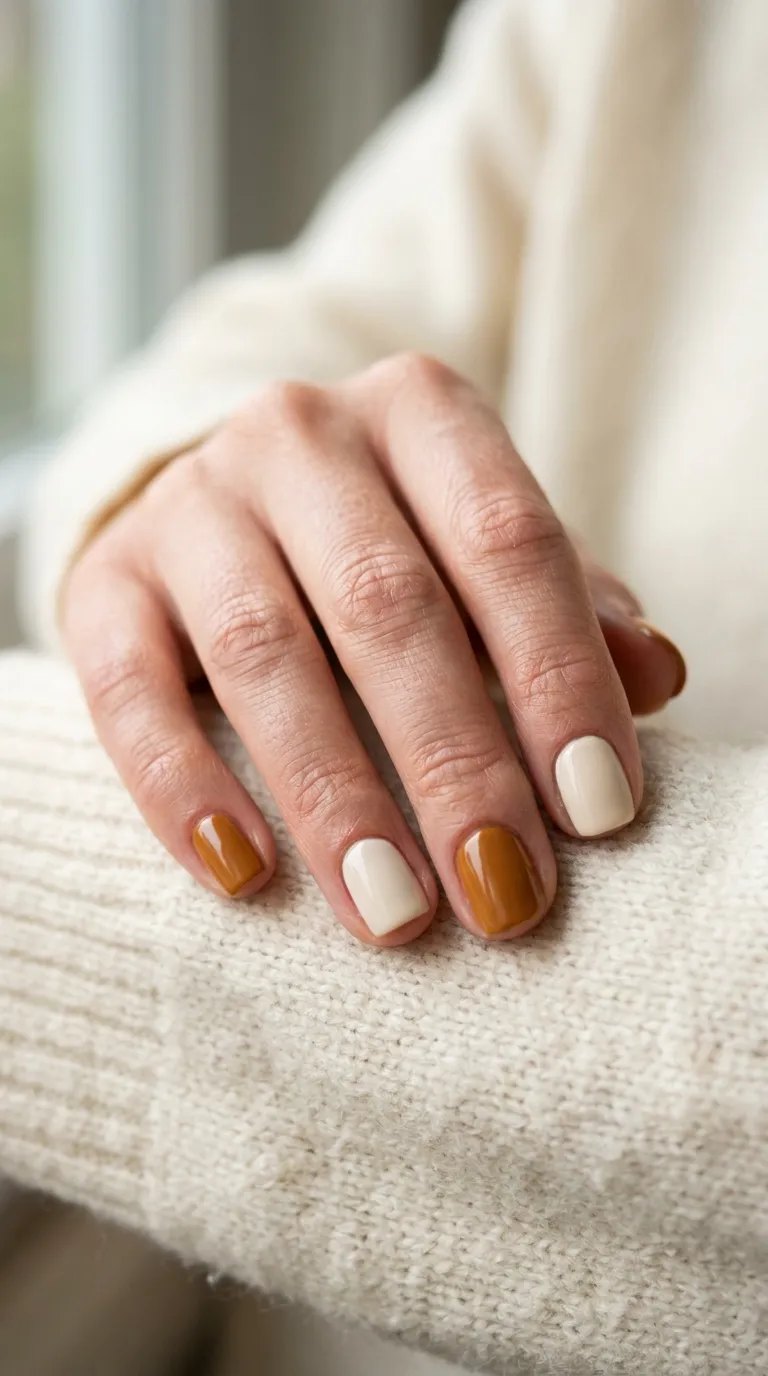 Caramel orange-brown and soft cream alternating nails on a cream sweater