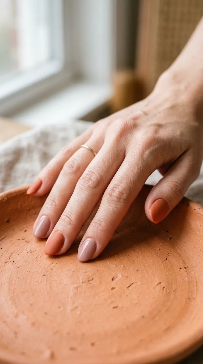 Terracotta orange and pinkish mocha brown nails on a terracotta ceramic dish