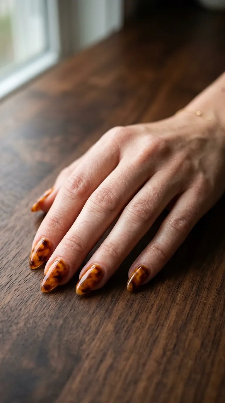 Honey amber orange nails with brown tortoiseshell swirls on dark wood