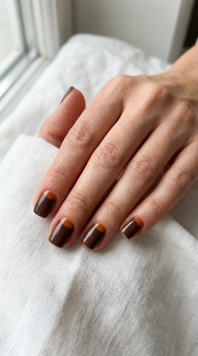 Brown and orange color-block half-moon nails on a white linen cloth