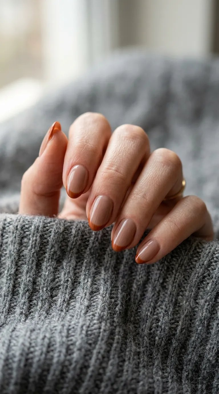 Burnt orange French tips on a milky brown base against a grey wool blanket