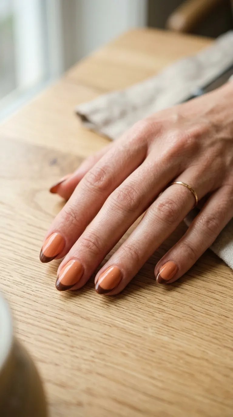 Chocolate brown French tips on a soft orange base on a light wood table
