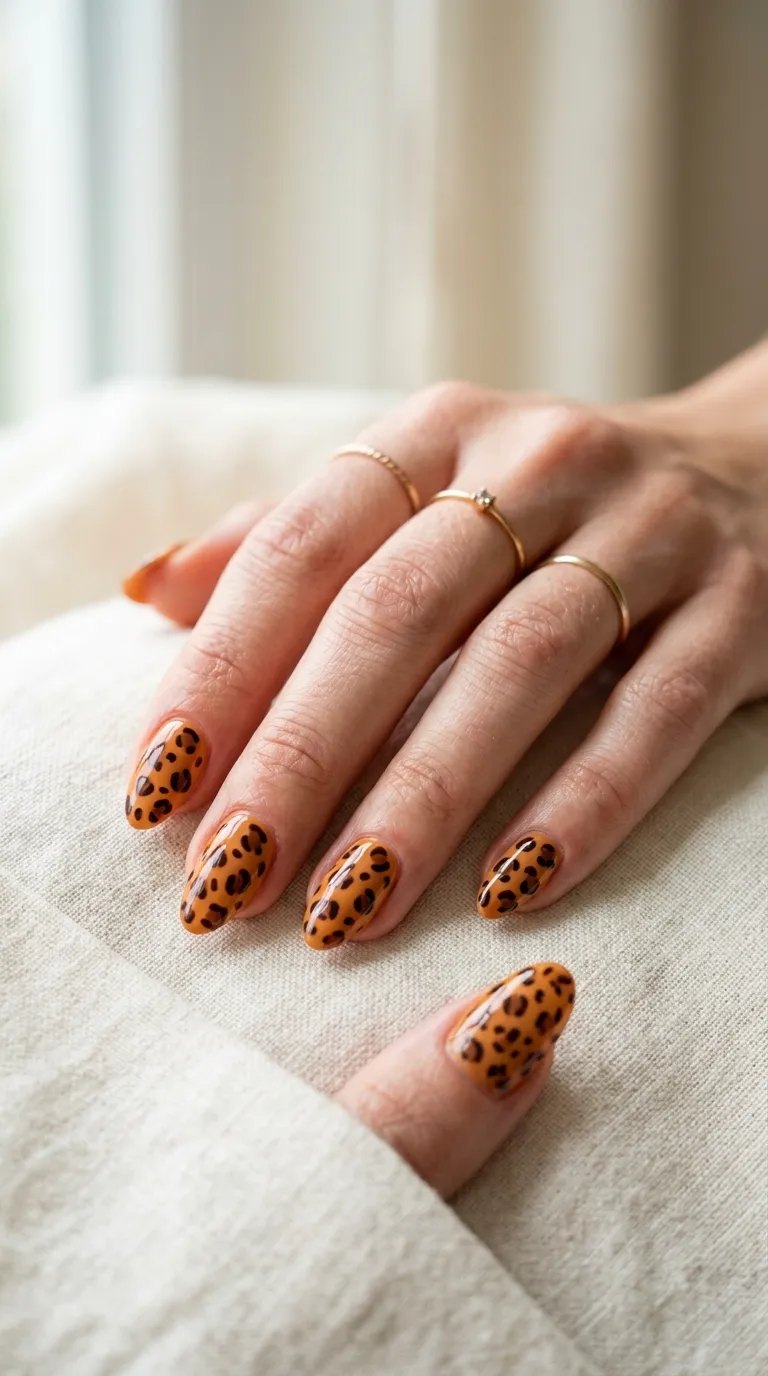 Brown and black leopard spot nails on an orange caramel base on cream fabric