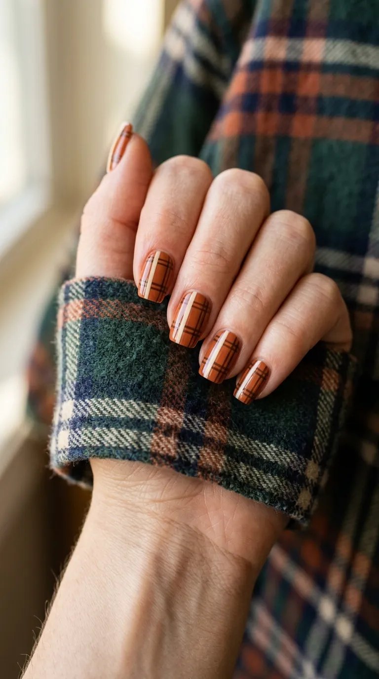 Rust and brown plaid nails with a cream stripe beside a flannel sleeve