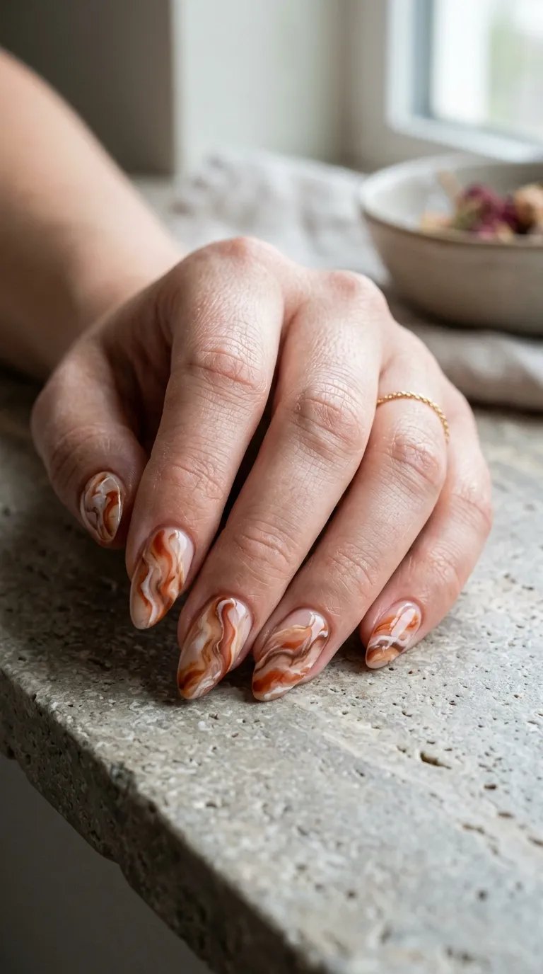 Orange, brown and cream marble swirl nails on a stone countertop