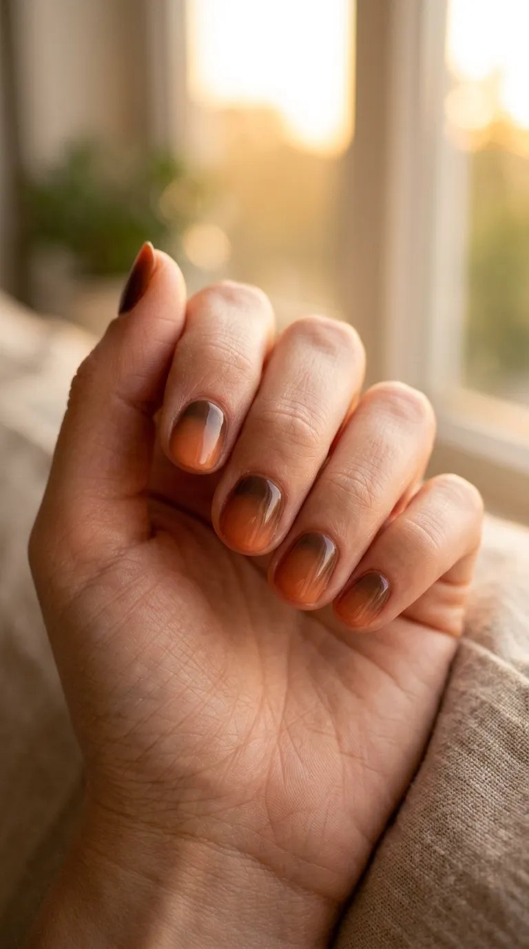 Chocolate brown to orange ombre nails in golden window light