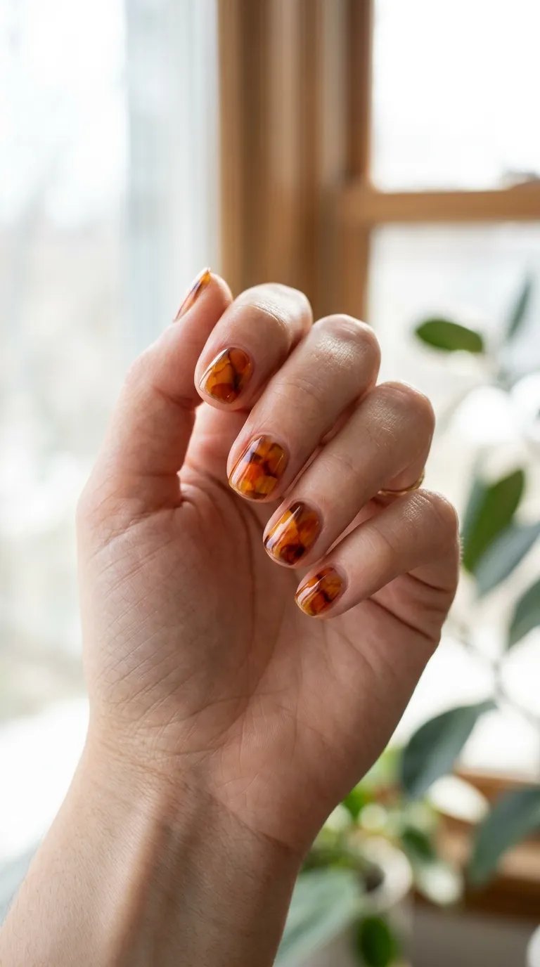 Translucent glossy jelly nails in orange and brown layers in bright window light
