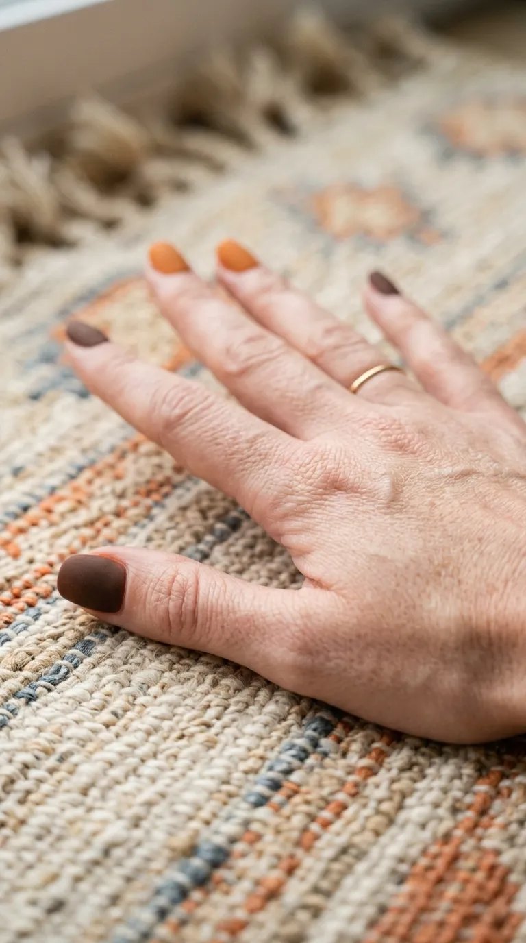 Matte orange and matte brown suede-look nails on a woven rug