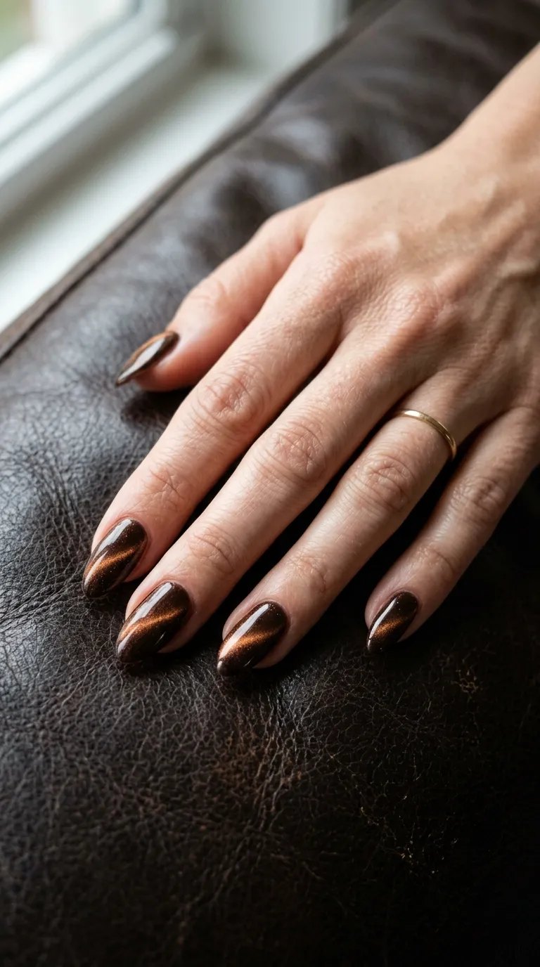 Brown magnetic cat-eye nails with a copper-gold line on dark brown leather