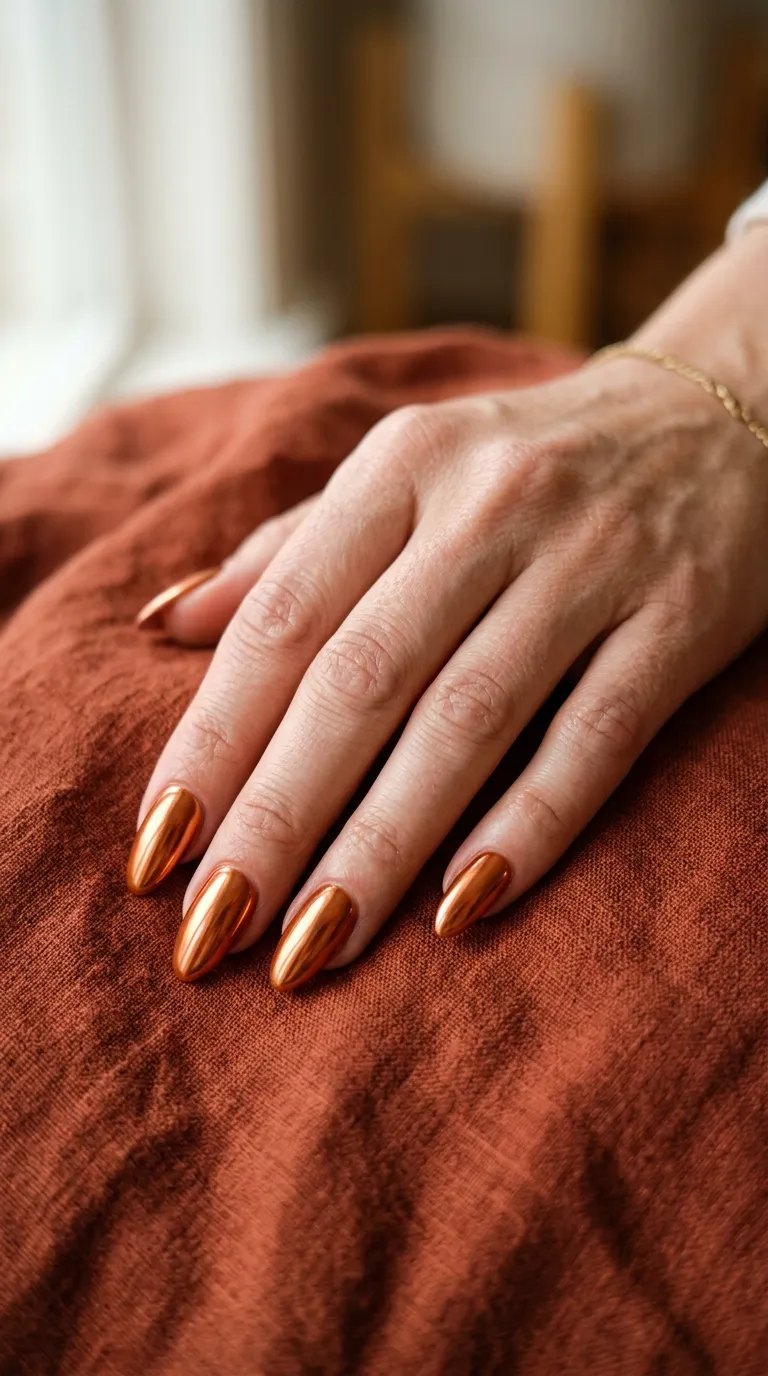 Copper chrome almond nails on a rust-colored cloth