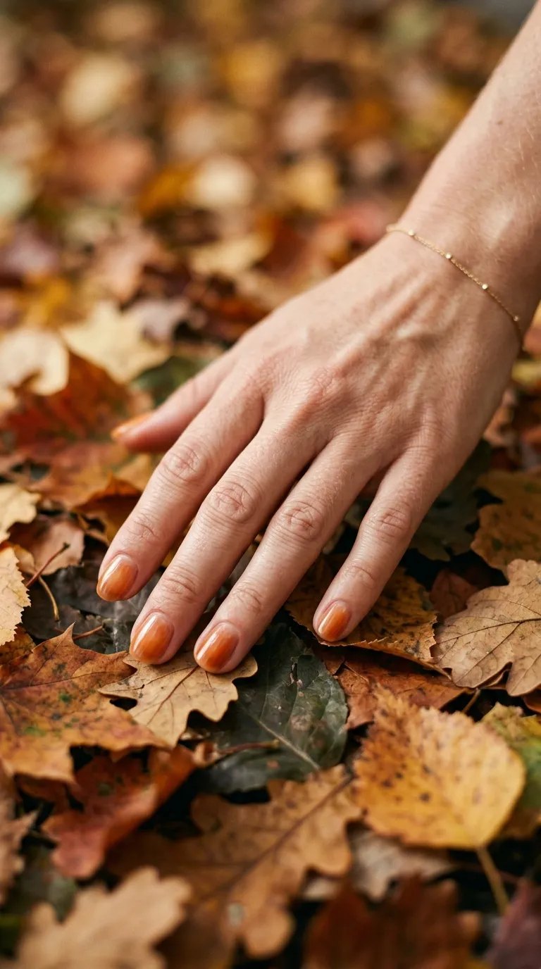 Sheer orange and brown glaze on natural nails resting on fallen autumn leaves