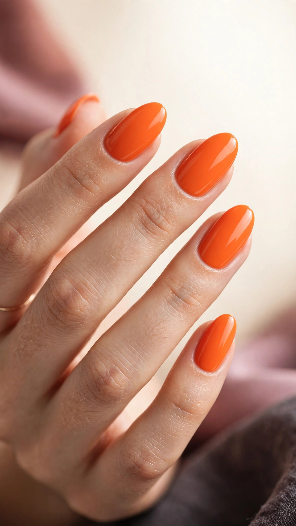 Glossy tangerine-orange creme manicure on almond-shaped nails