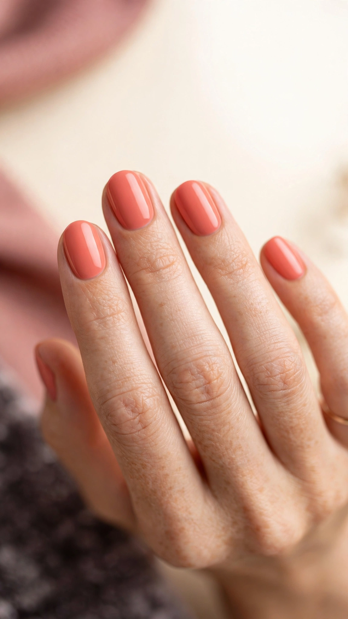 Soft coral creme nail polish on short oval nails