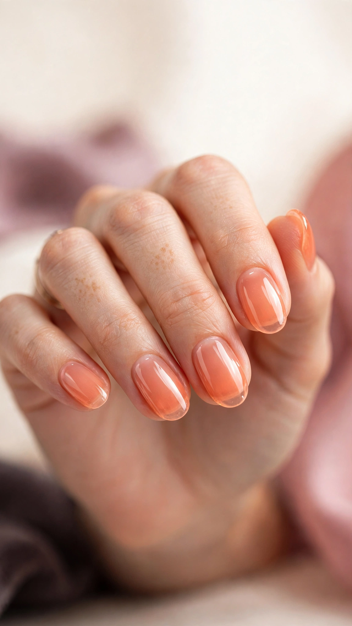 Translucent peach jelly nails with glossy glass-like finish